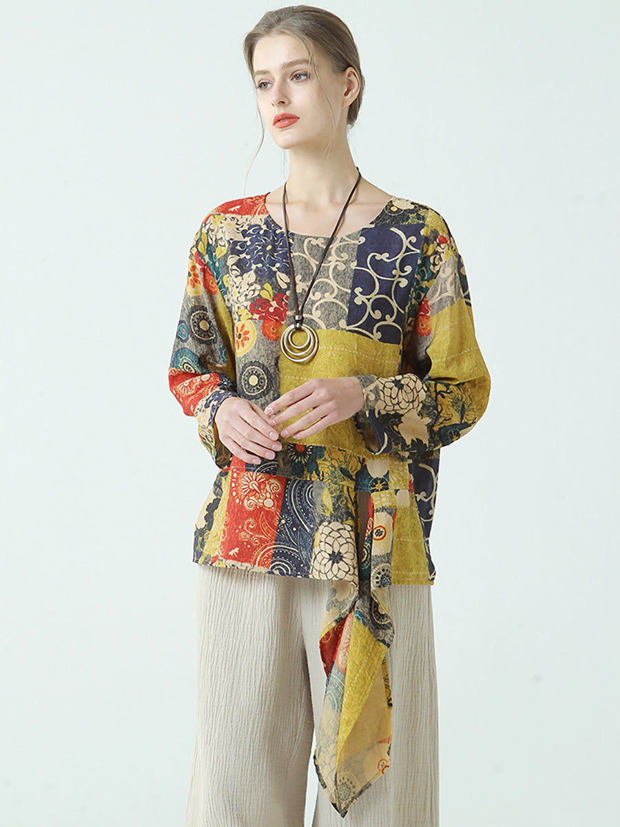 Maglietta a maniche lunghe in cotone con cinturino e stampe da donna M2XL