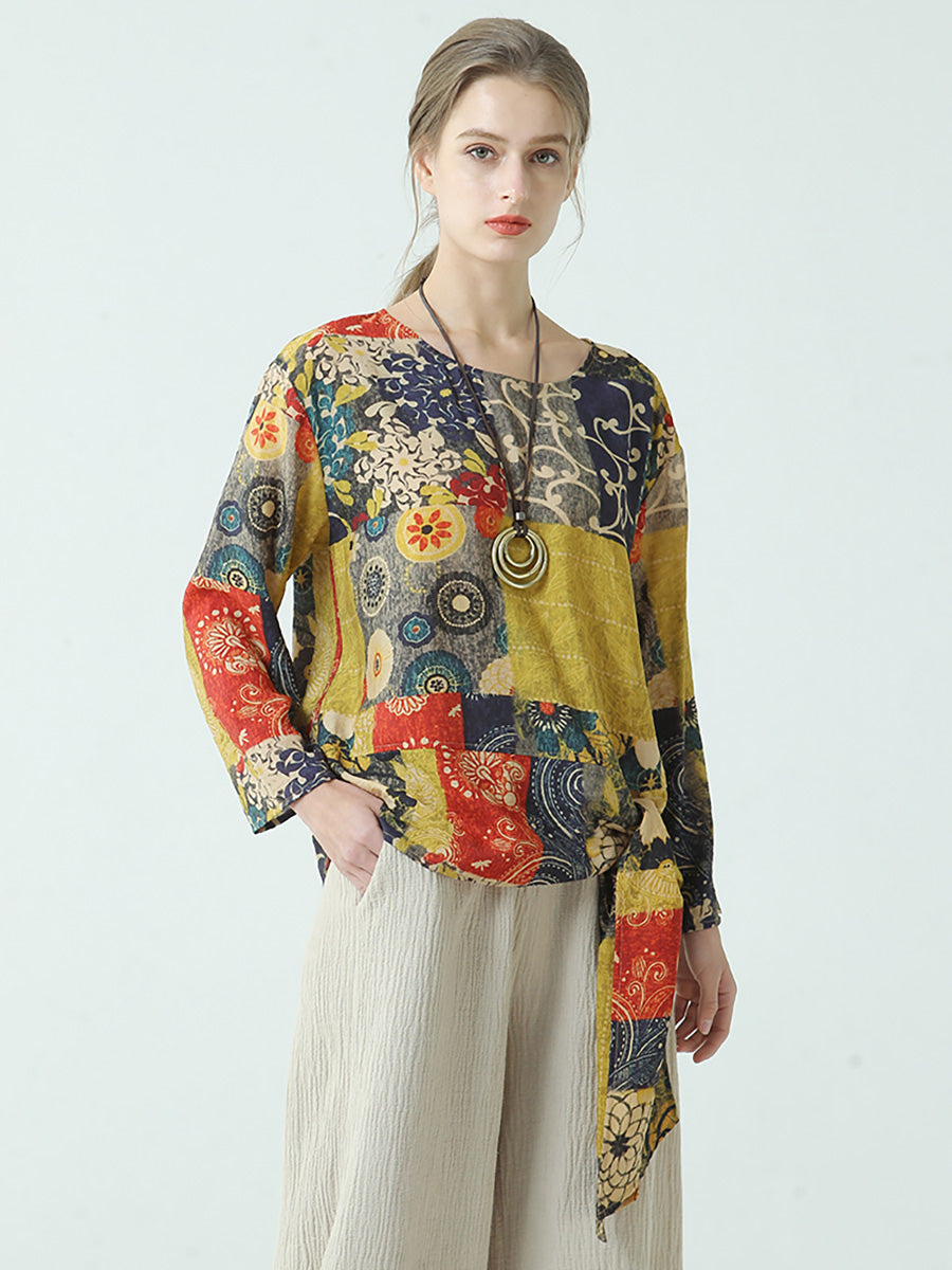 Maglietta a maniche lunghe in cotone con cinturino e stampe da donna M2XL