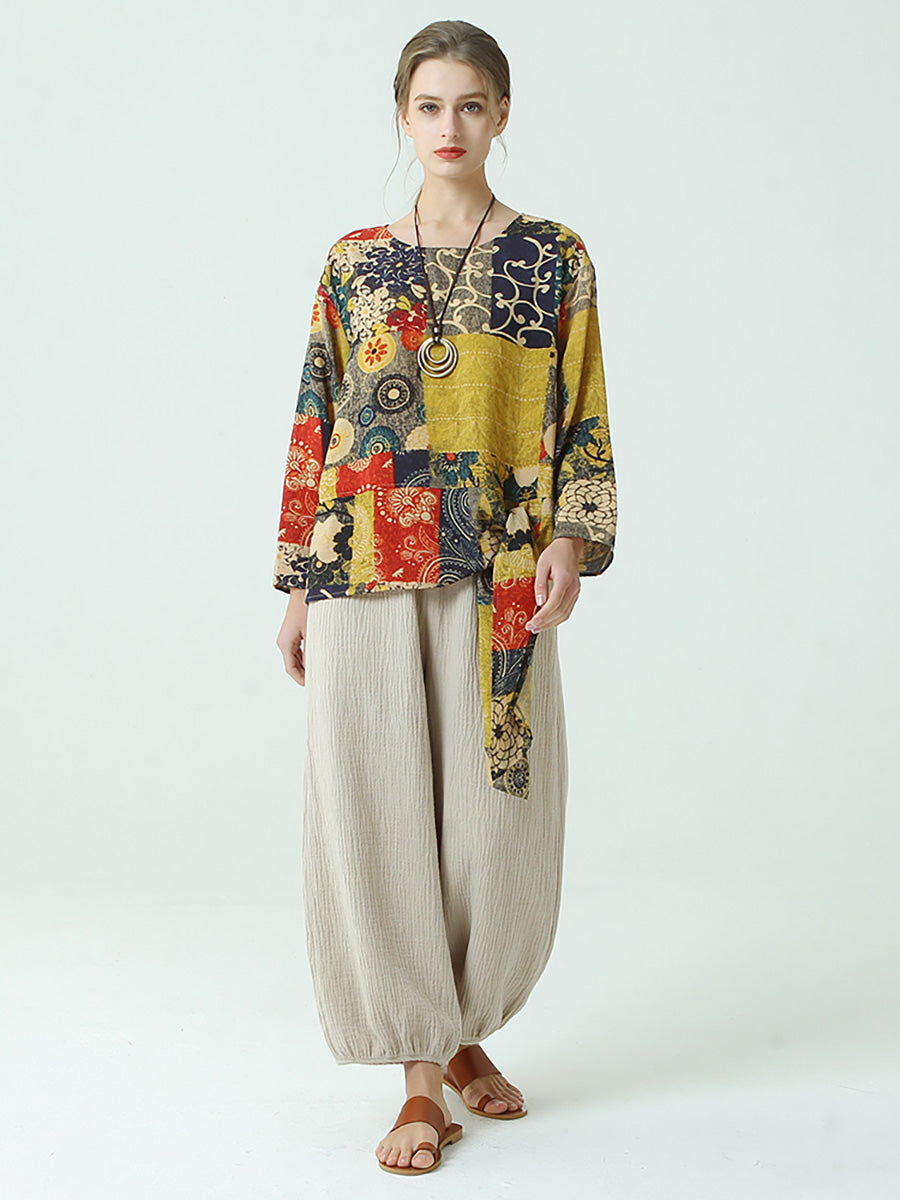 Maglietta a maniche lunghe in cotone con cinturino e stampe da donna M2XL