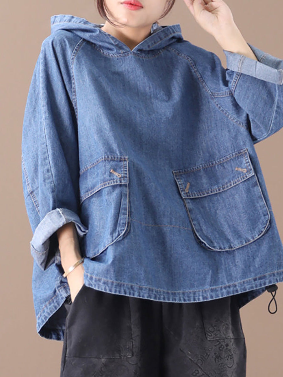 Felpa con cappuccio in denim con coulisse tinta unita