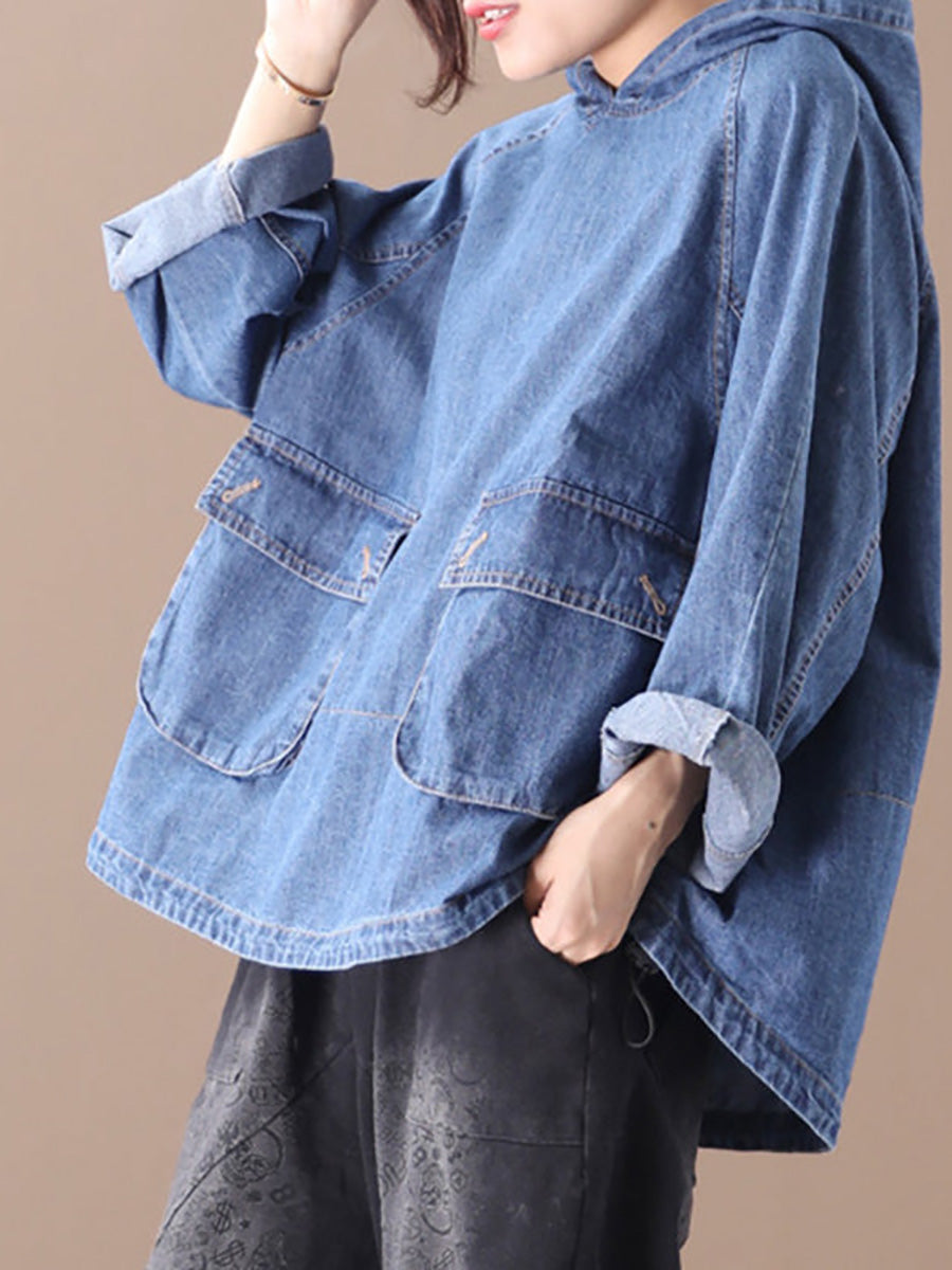 Felpa con cappuccio in denim con coulisse tinta unita