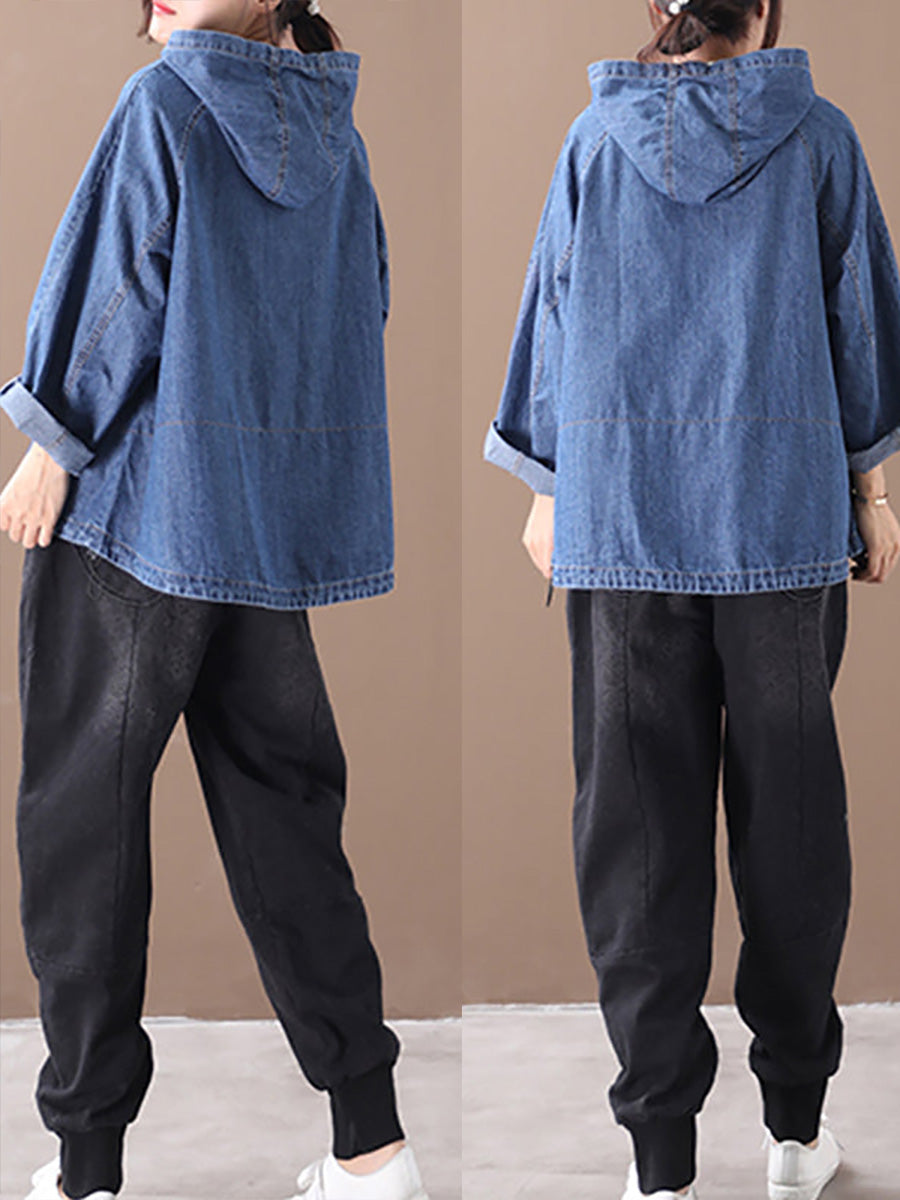 Felpa con cappuccio in denim con coulisse tinta unita