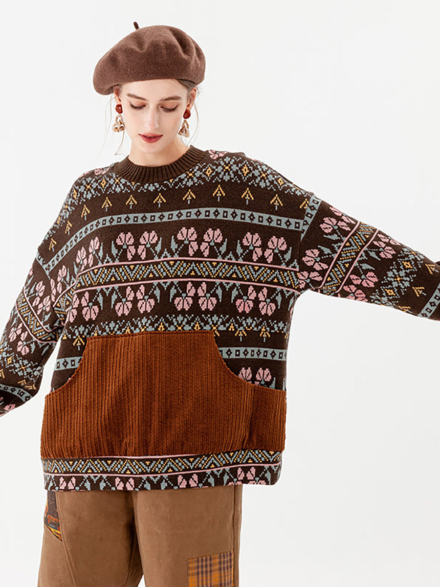 Maglione vintage con tasca geometrica lavorata a maglia