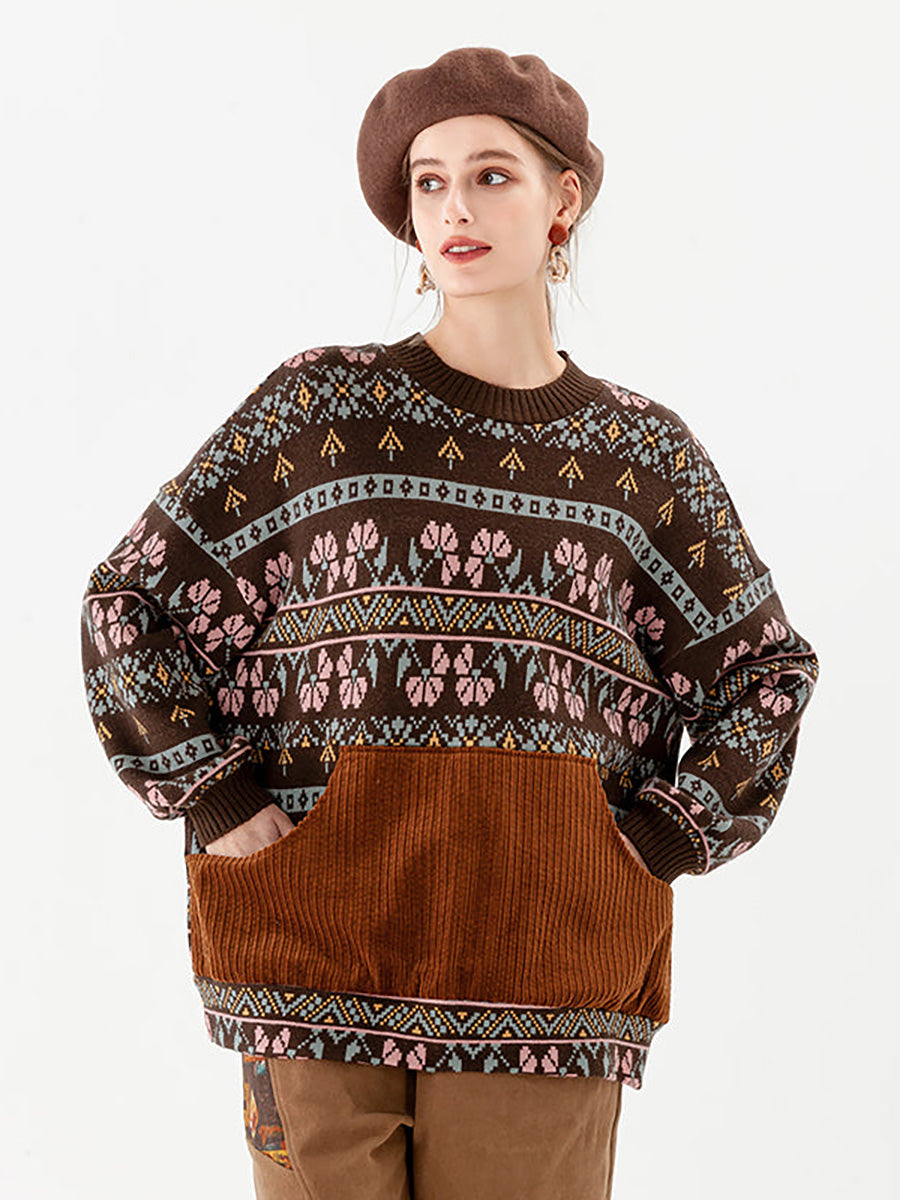 Maglione vintage con tasca geometrica lavorata a maglia