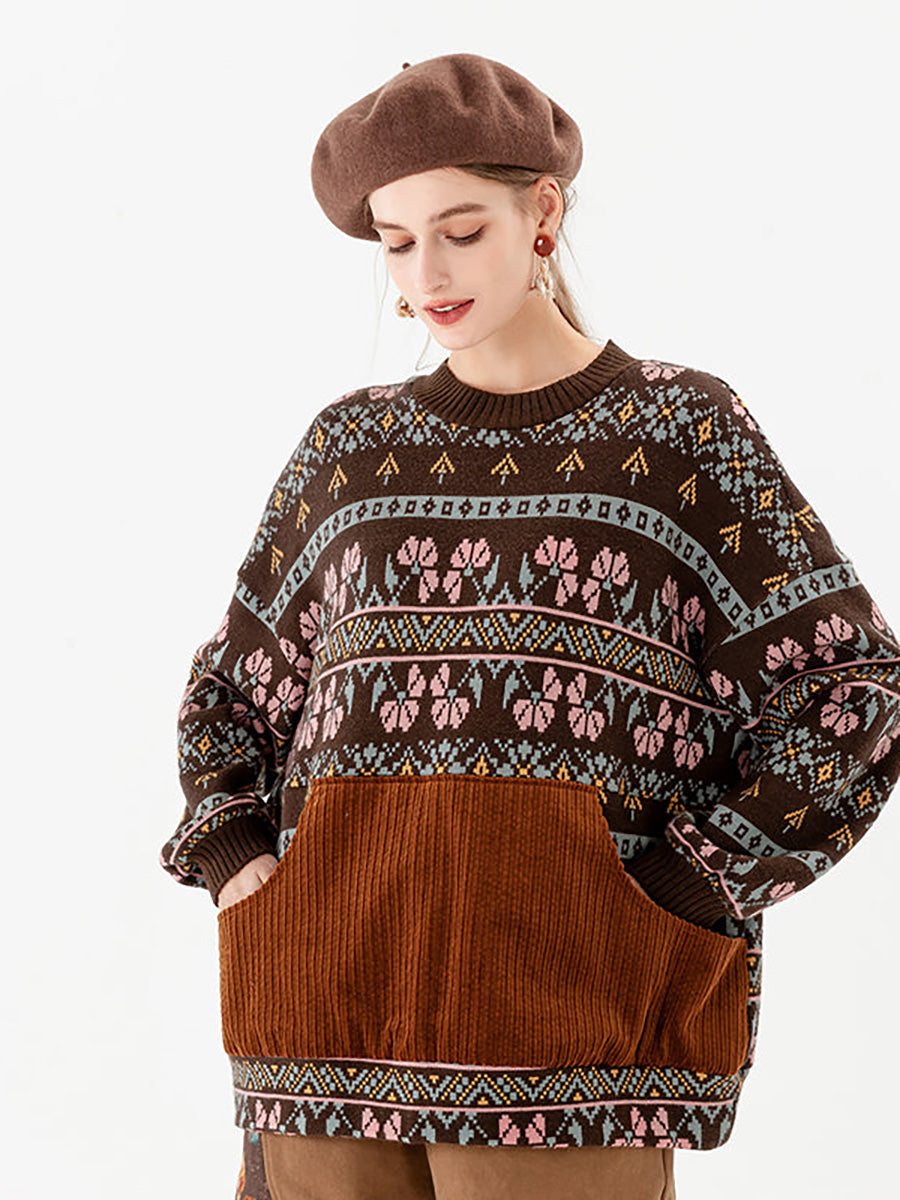 Maglione vintage con tasca geometrica lavorata a maglia