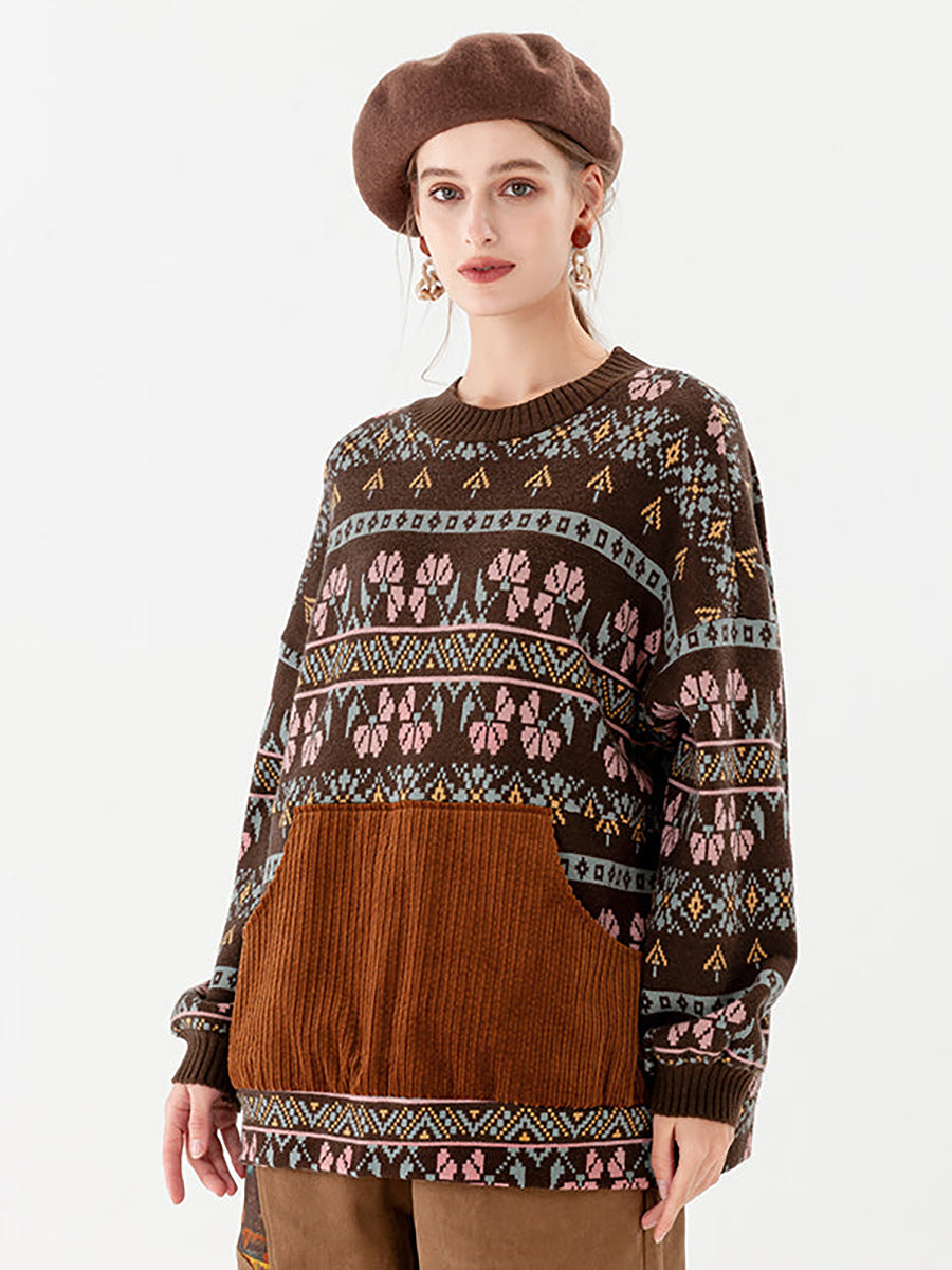 Maglione vintage con tasca geometrica lavorata a maglia