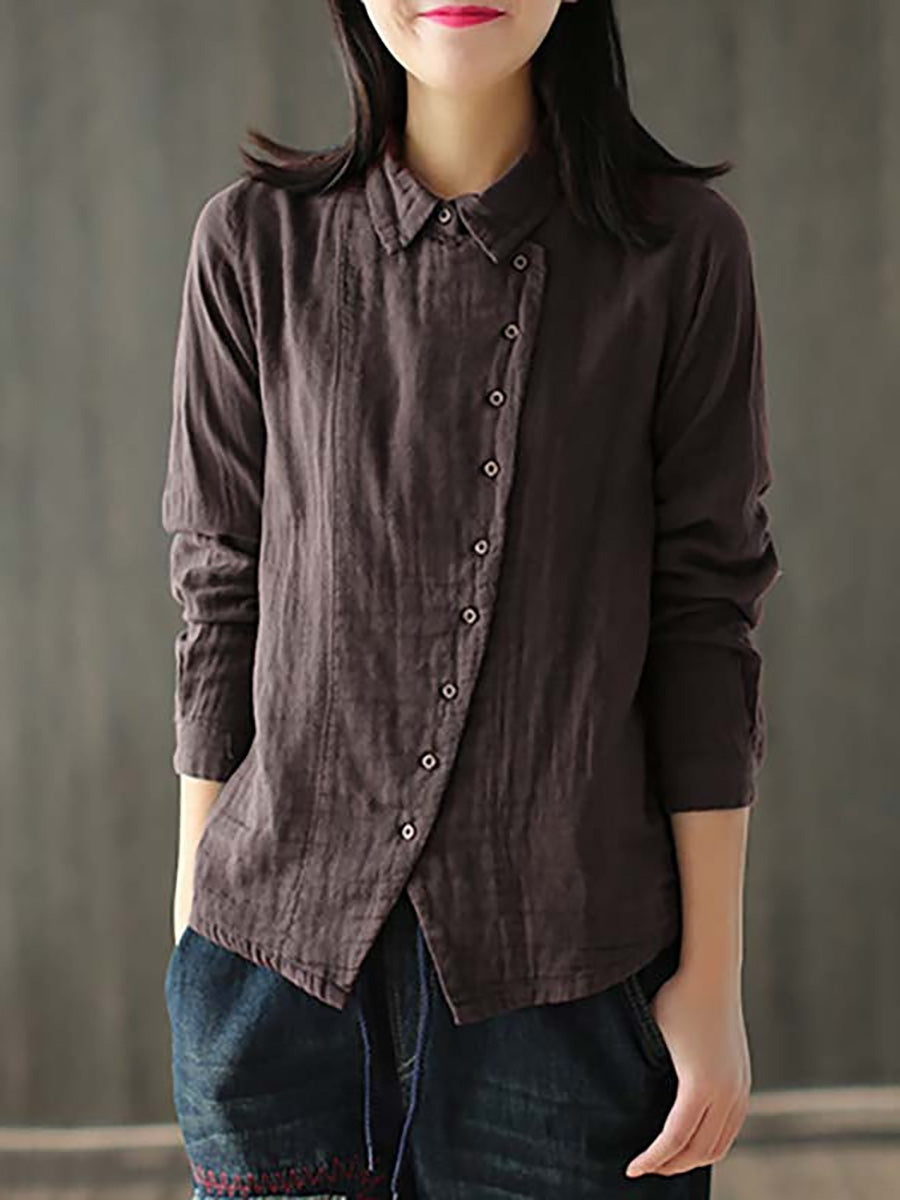 Camicia in cotone a maniche lunghe retrò tinta unita