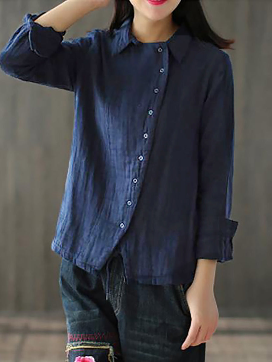 Camicia in cotone a maniche lunghe retrò tinta unita