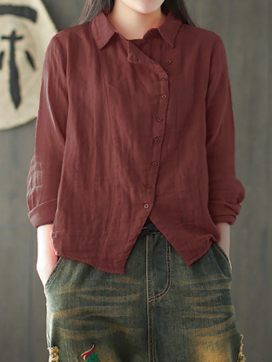 Camicia in cotone a maniche lunghe retrò tinta unita