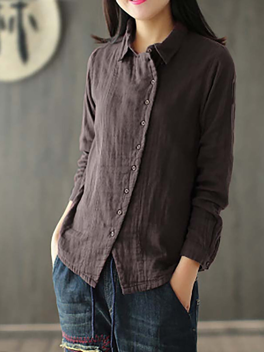 Camicia in cotone a maniche lunghe retrò tinta unita