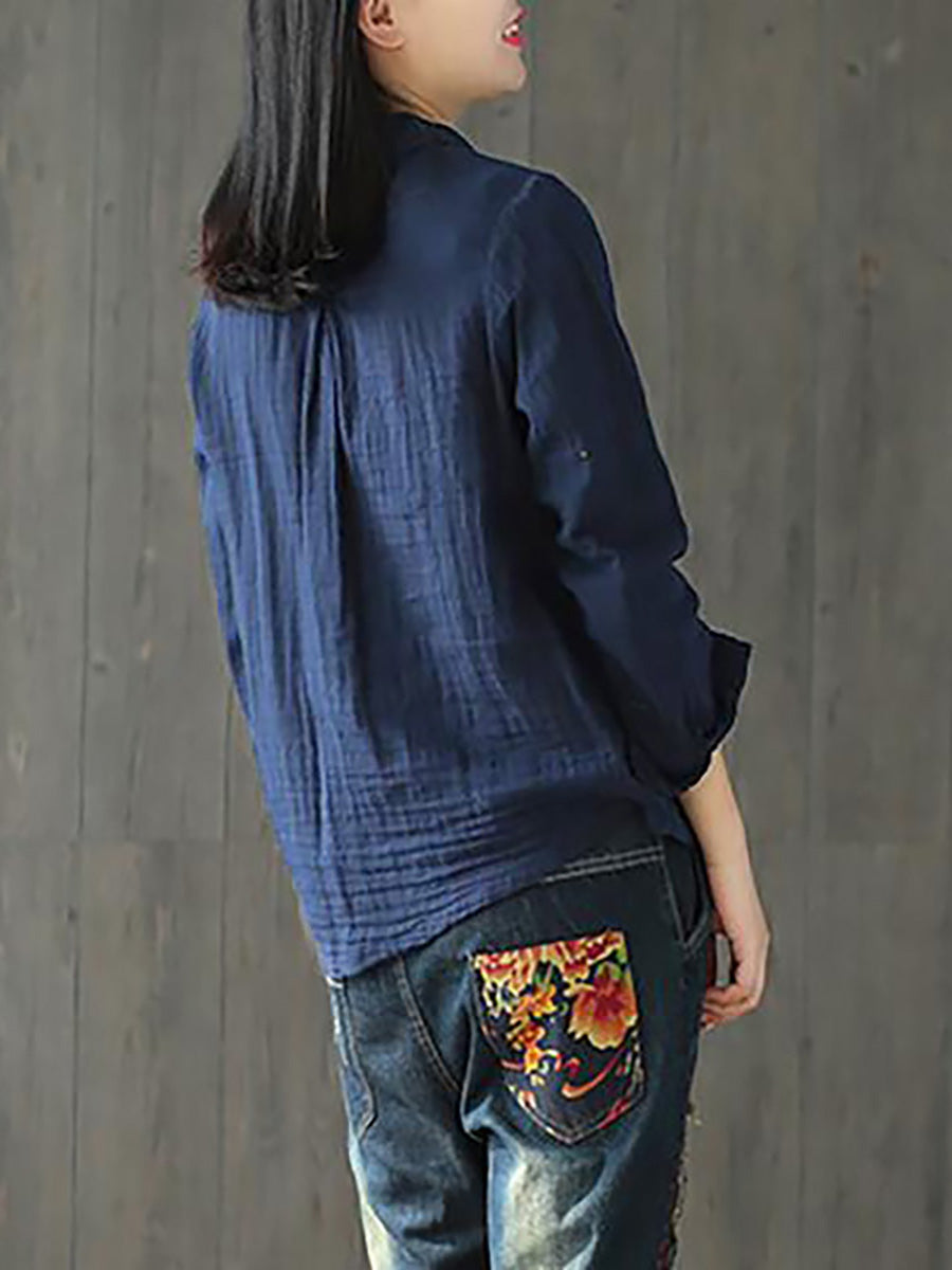 Camicia in cotone a maniche lunghe retrò tinta unita