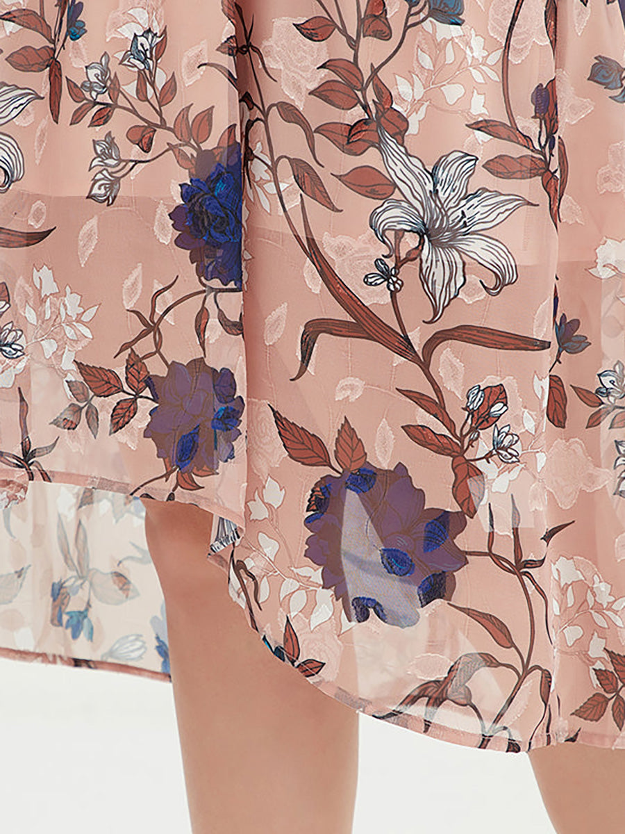 Women Floral Chiffon Midi Dress With Belt