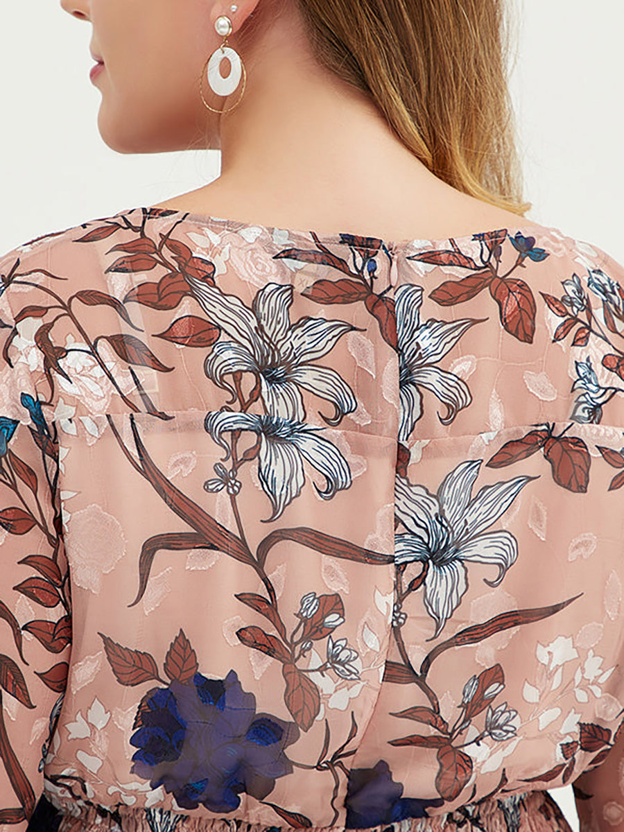 Women Floral Chiffon Midi Dress With Belt