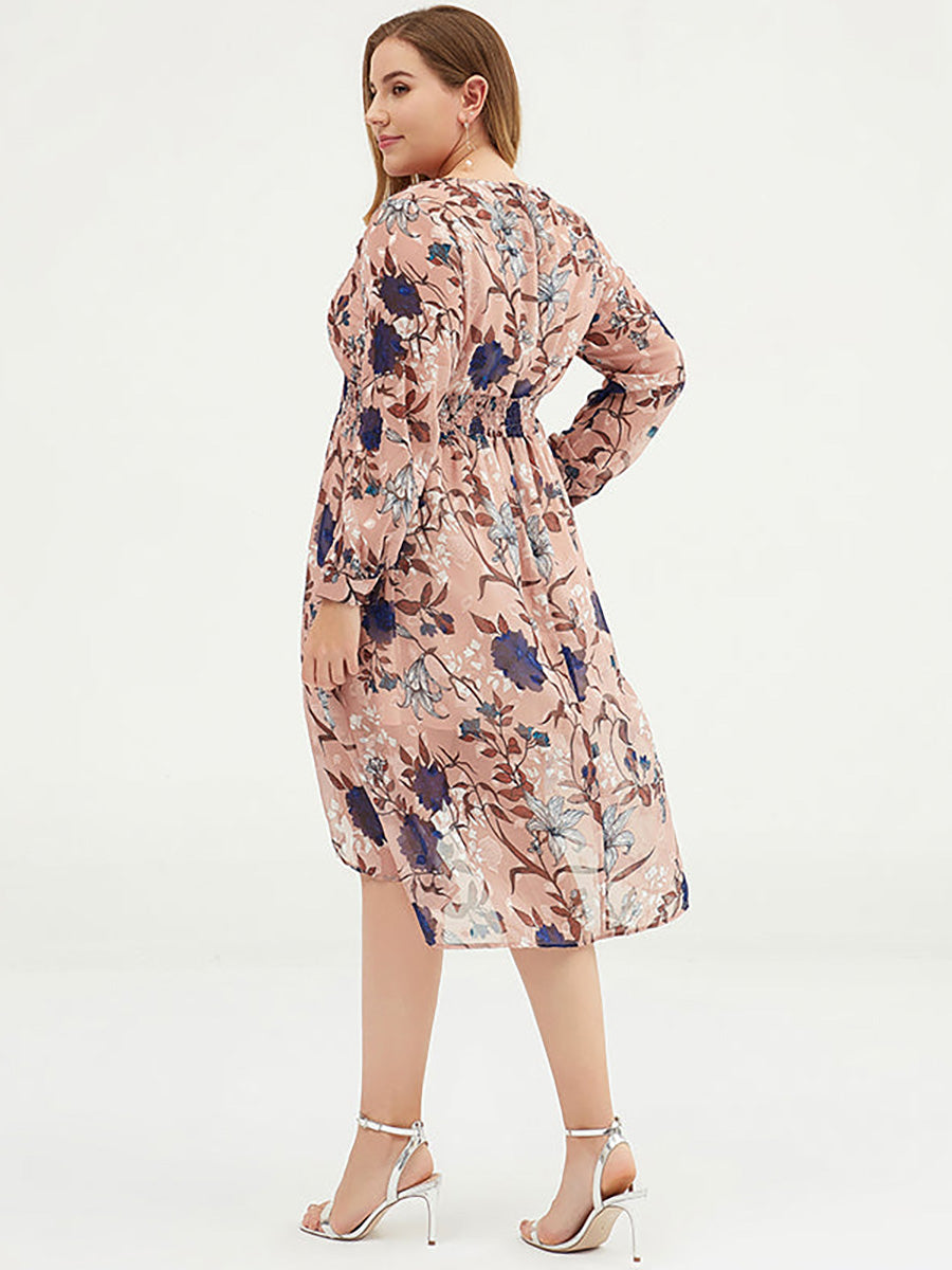 Women Floral Chiffon Midi Dress With Belt
