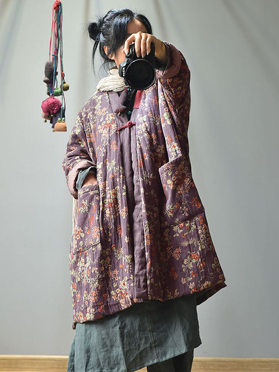 Manteau ample et chaud à poches fleuries rétro