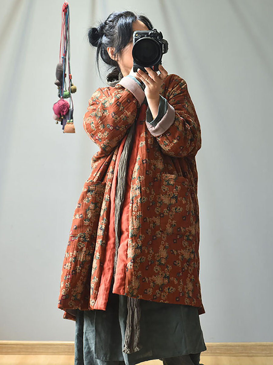Manteau ample et chaud à poches fleuries rétro