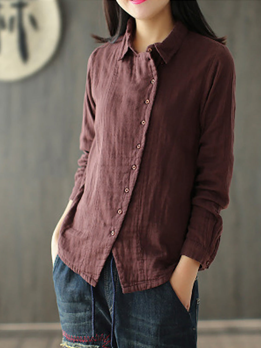 Camicia in cotone a maniche lunghe retrò tinta unita