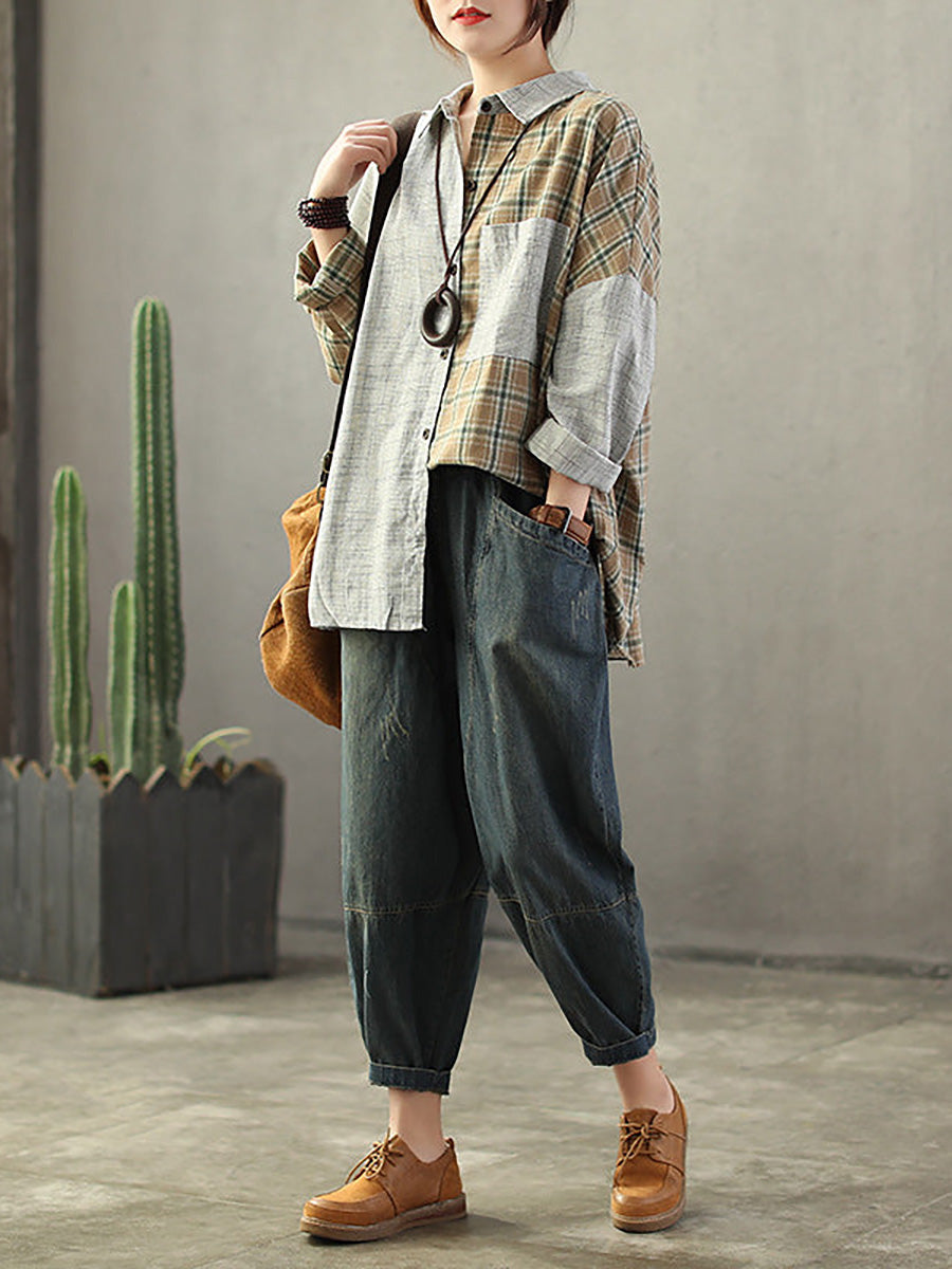 Vintage Loose Elastic Waist Spliced Distressed Denim Jeans