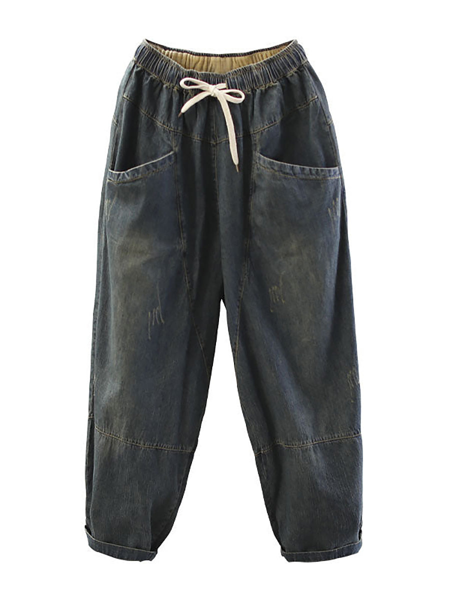 Vintage Loose Elastic Waist Spliced Distressed Denim Jeans