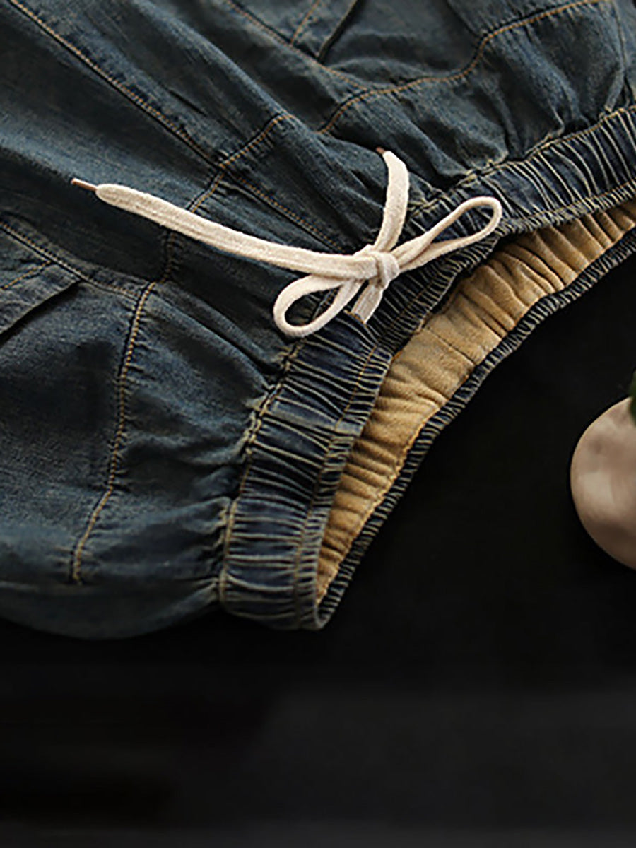 Vintage Loose Elastic Waist Spliced Distressed Denim Jeans