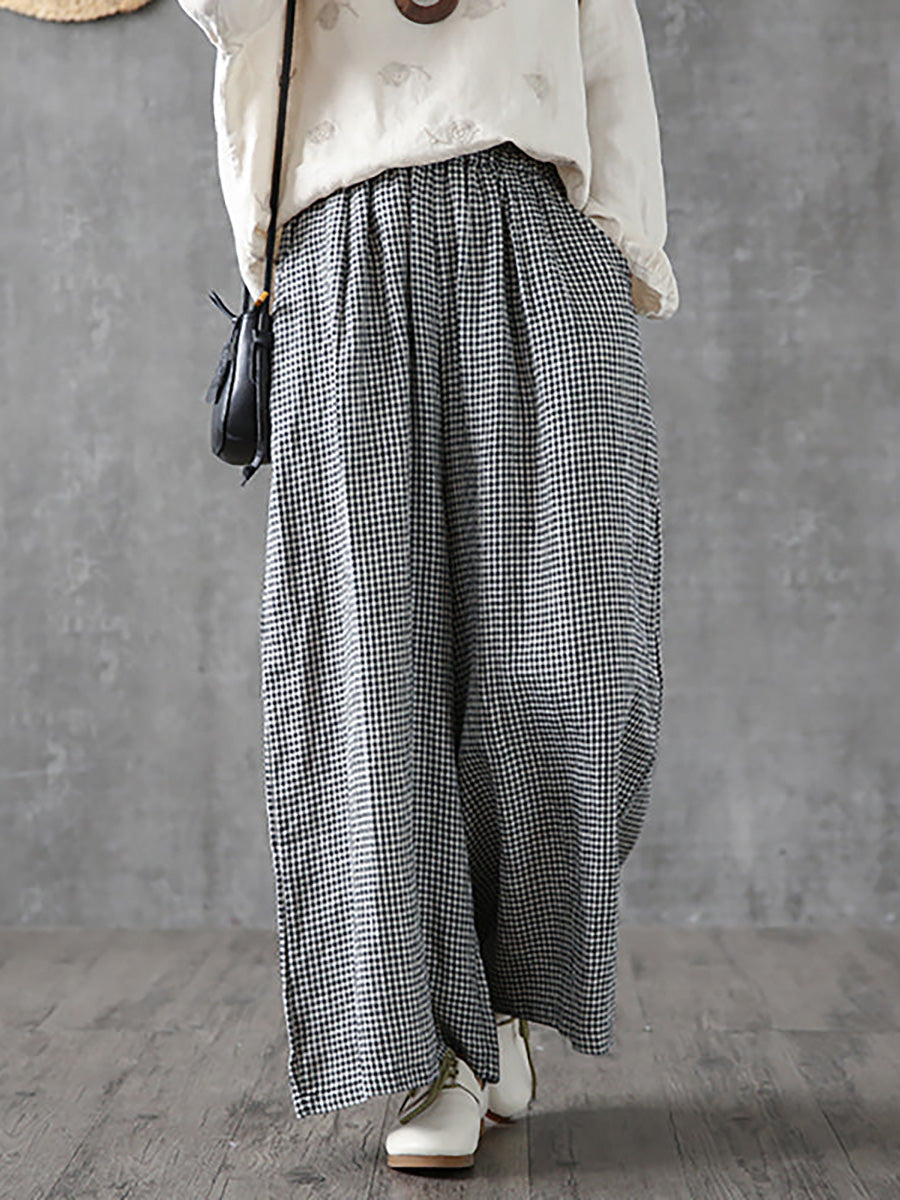 Pantaloni larghi in lino e cotone a quadri casual da donna