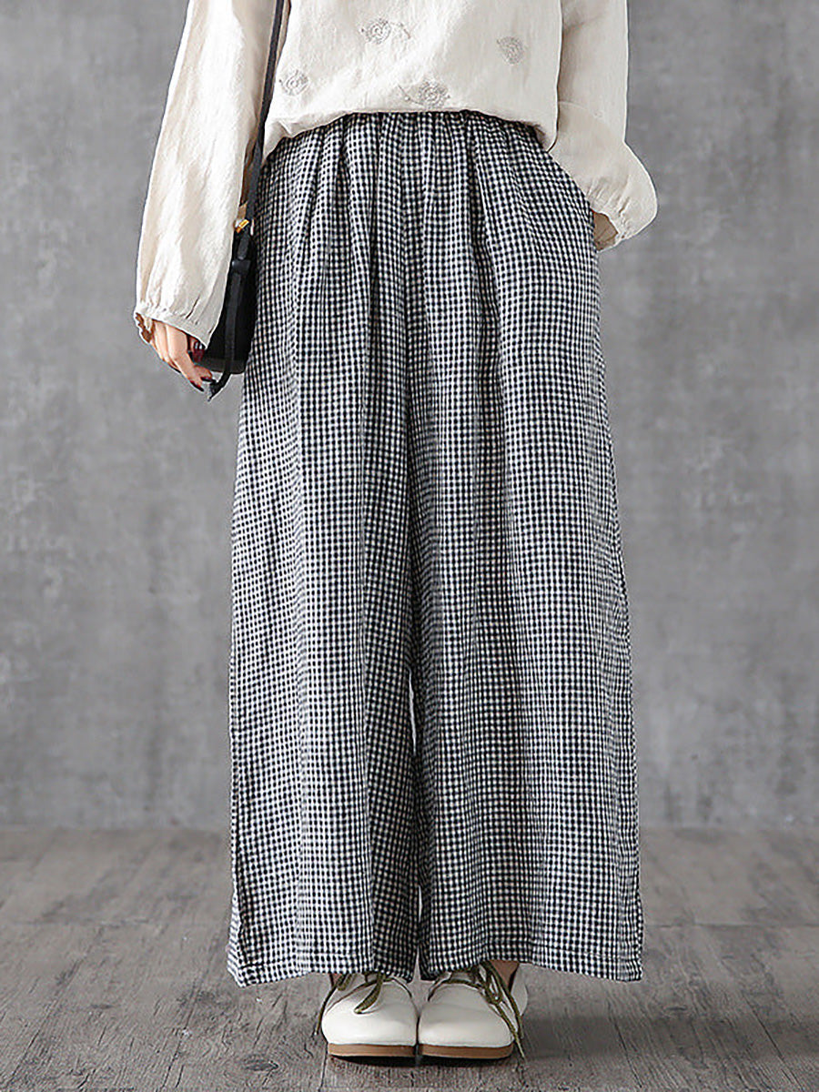 Pantaloni larghi in lino e cotone a quadri casual da donna