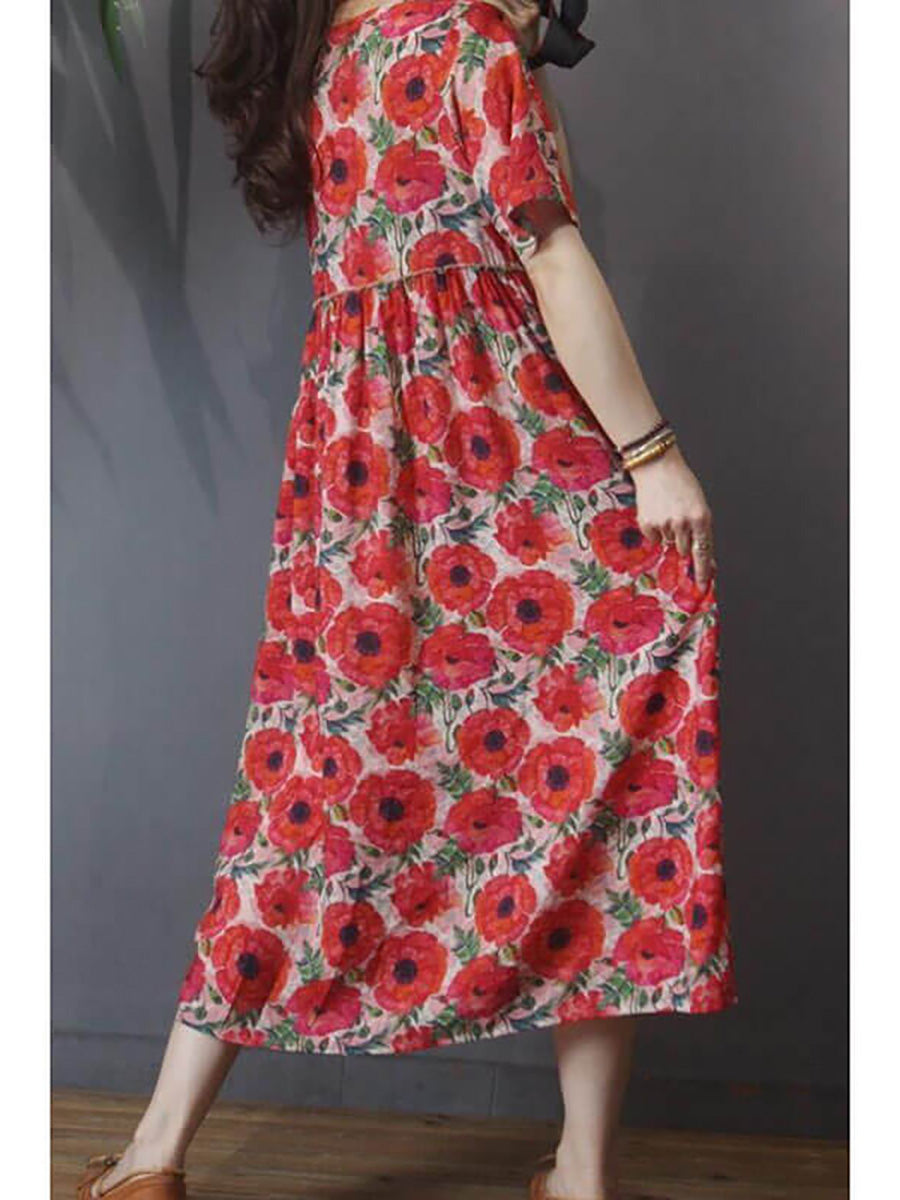 Abito da donna floreale vintage casual a maniche corte