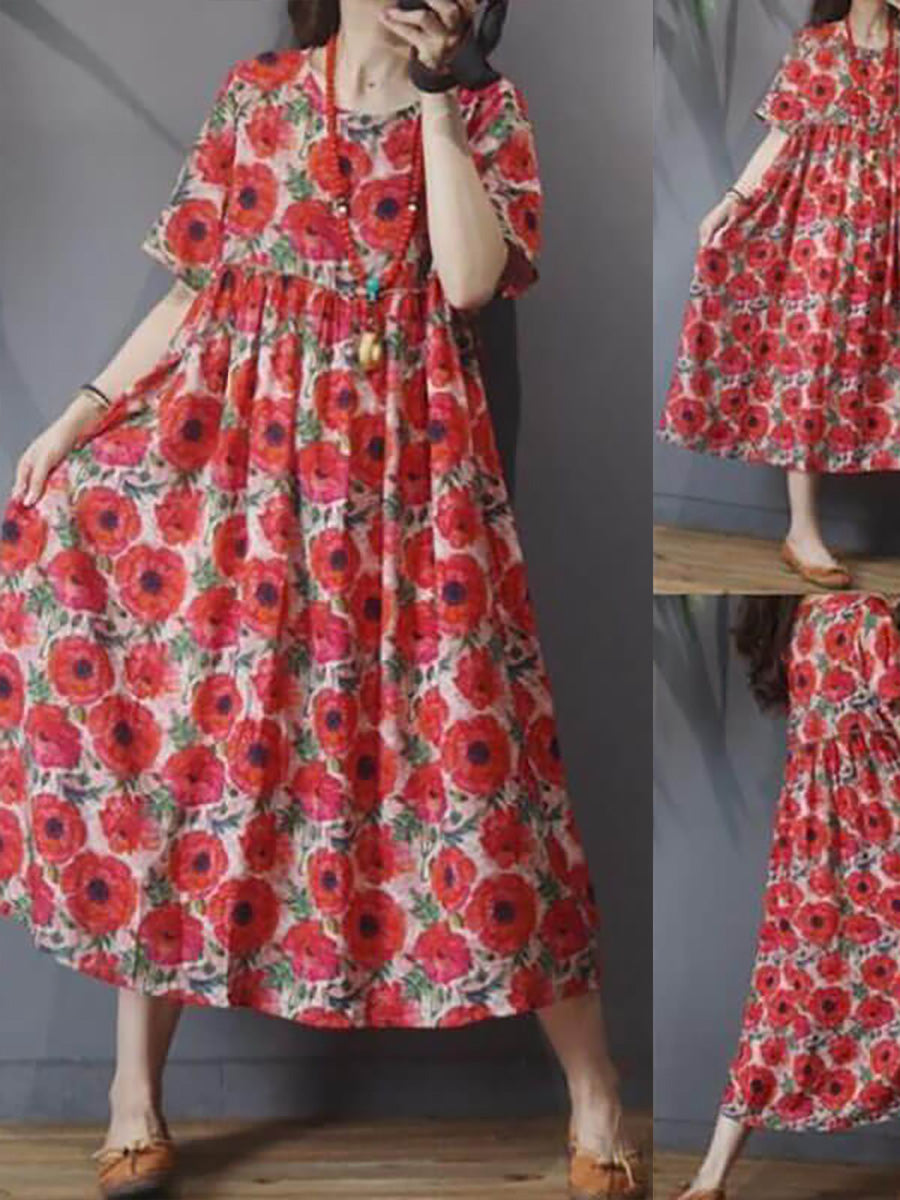 Abito da donna floreale vintage casual a maniche corte