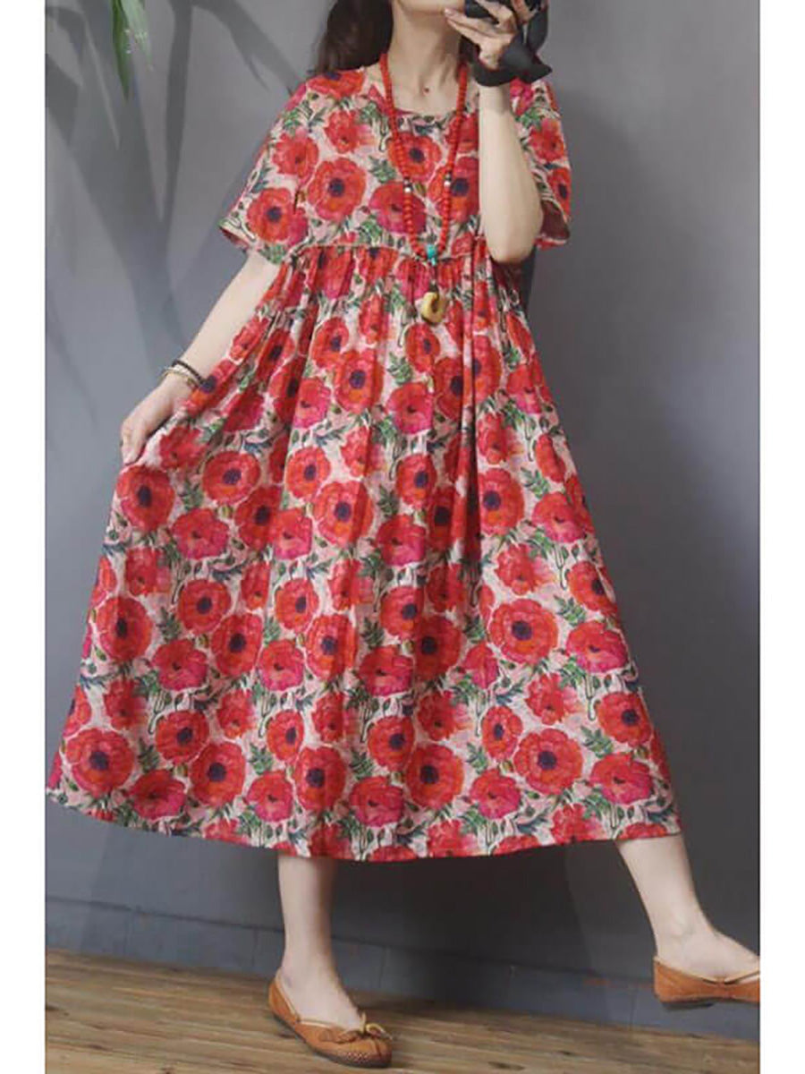 Abito da donna floreale vintage casual a maniche corte