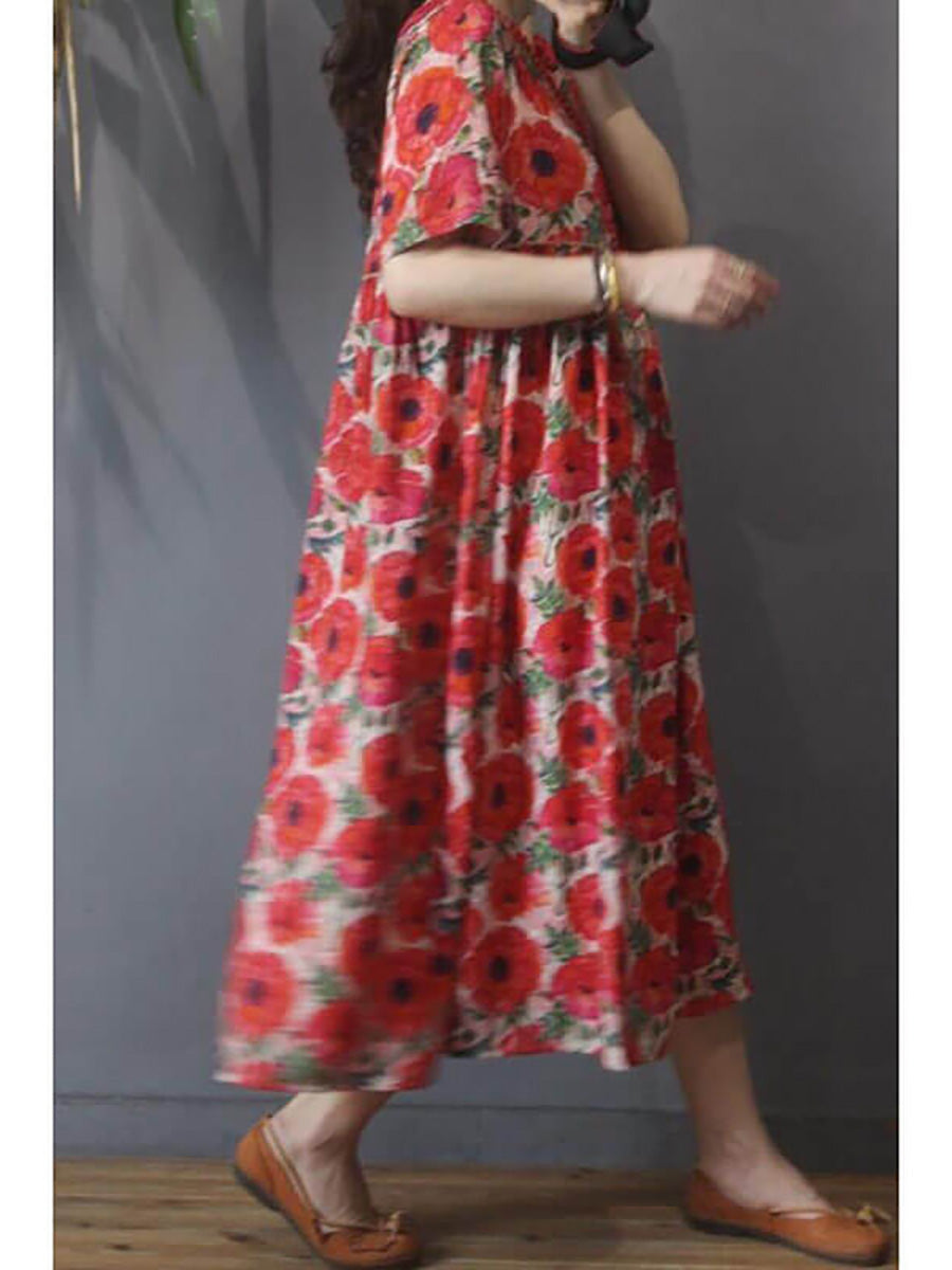 Abito da donna floreale vintage casual a maniche corte
