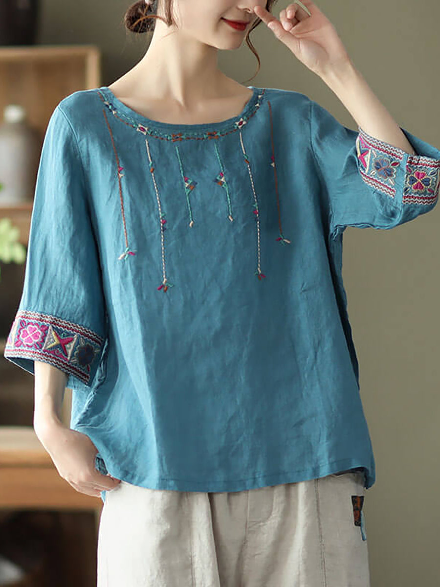 Maglietta vintage ricamata in lino da donna