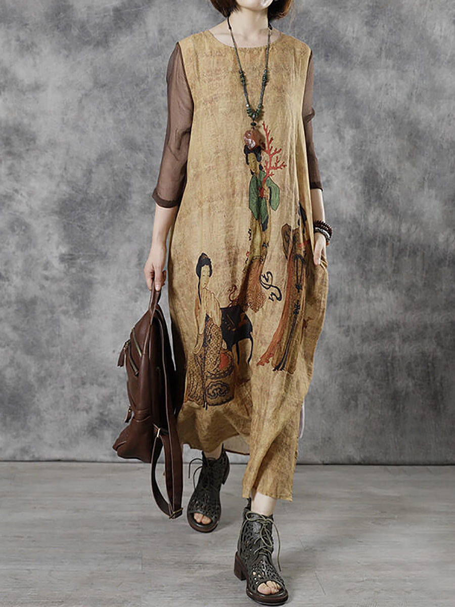 Abito lungo da donna vintage casual con scollo a V