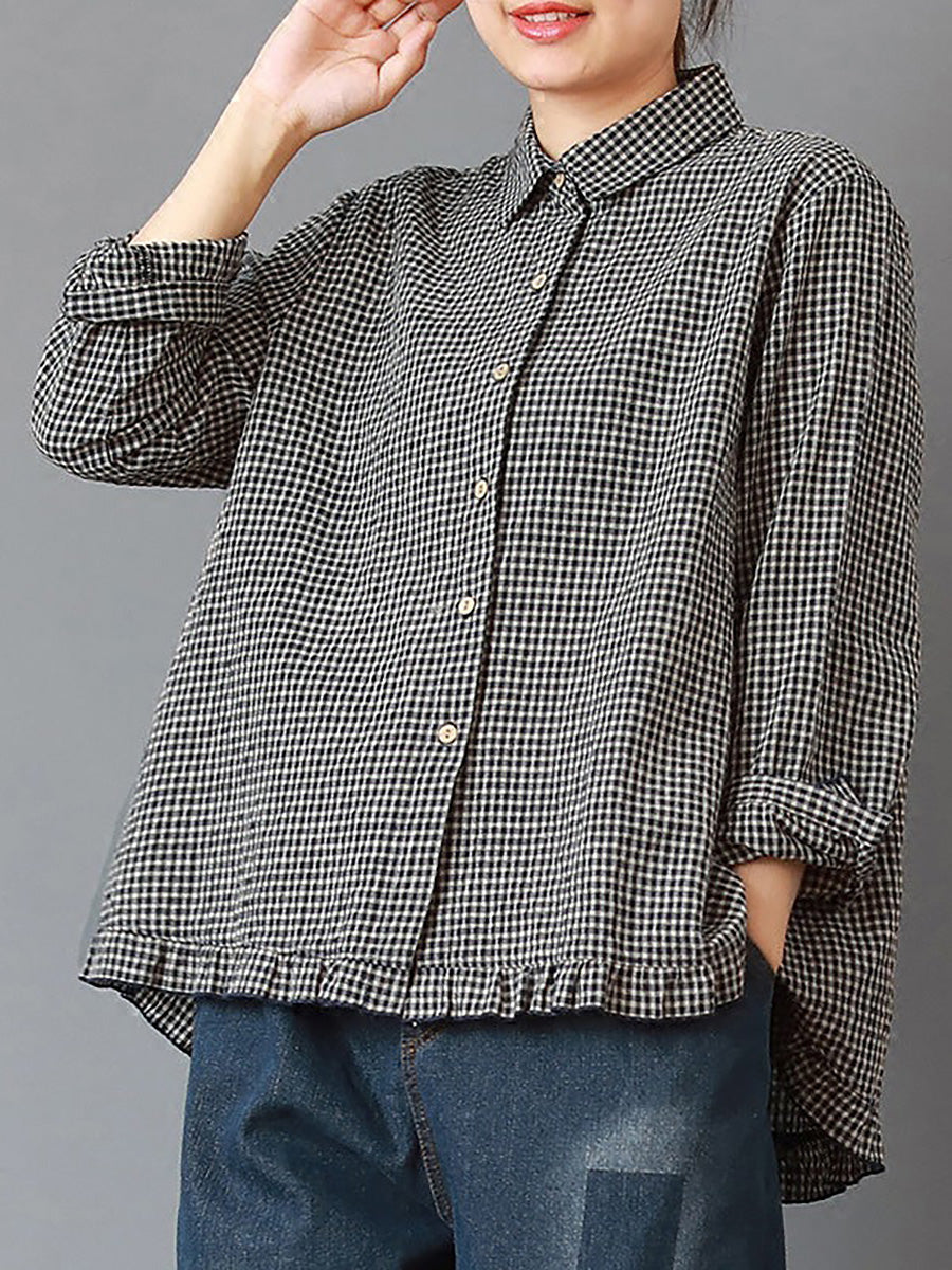 Camicia da donna in lino e cotone a quadri fatta a mano