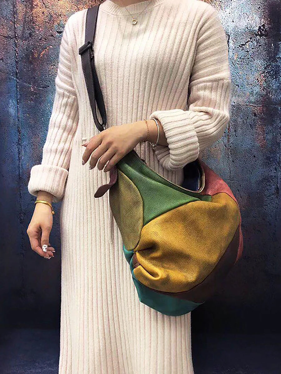 Buykud - Borsa a tracolla in pelle con colori a contrasto retrò