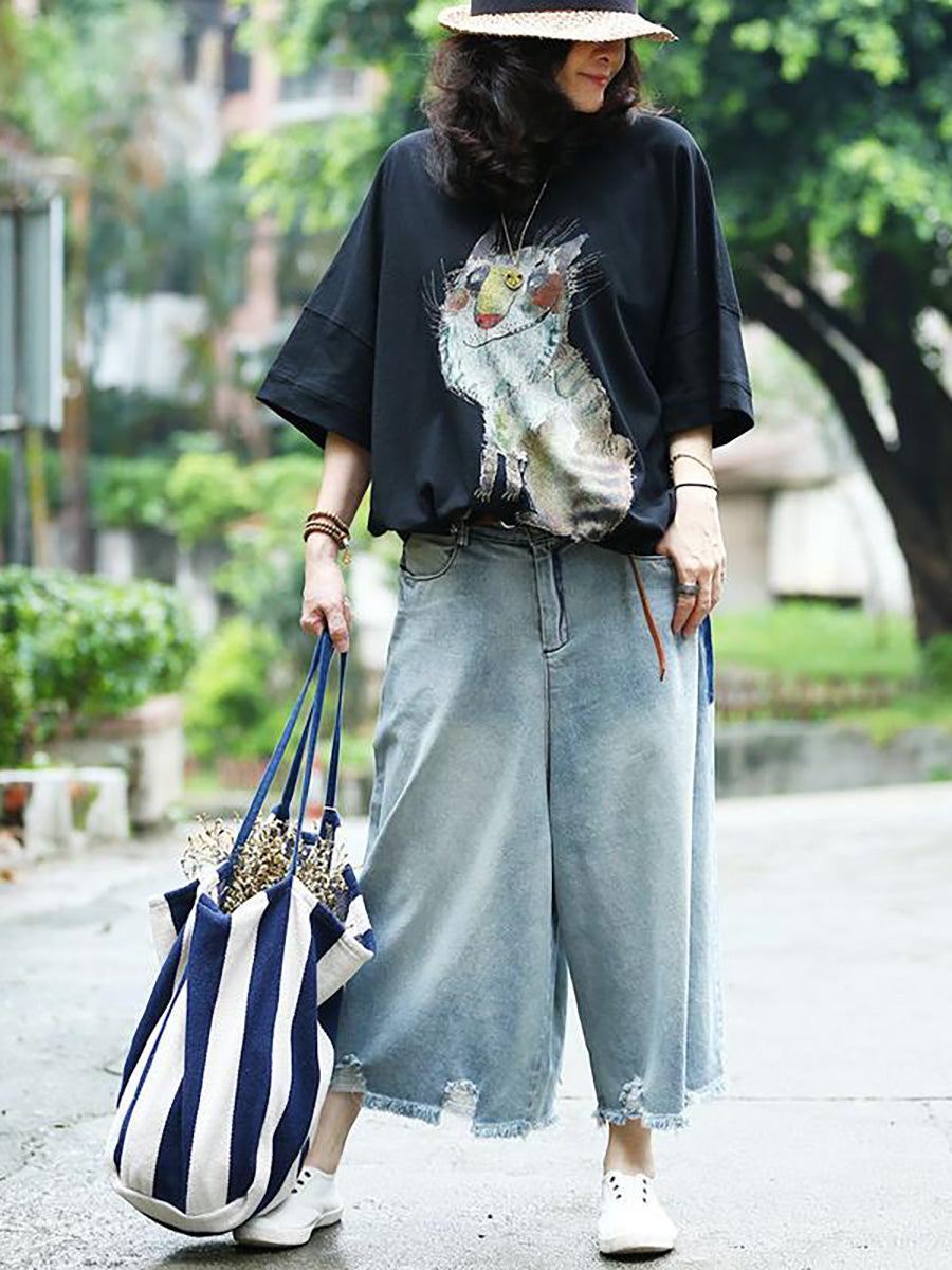 Maglietta casual larga con stampa animalier da donna
