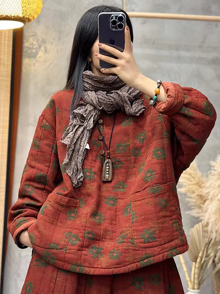 Felpa imbottita in cotone con fiori vintage da donna