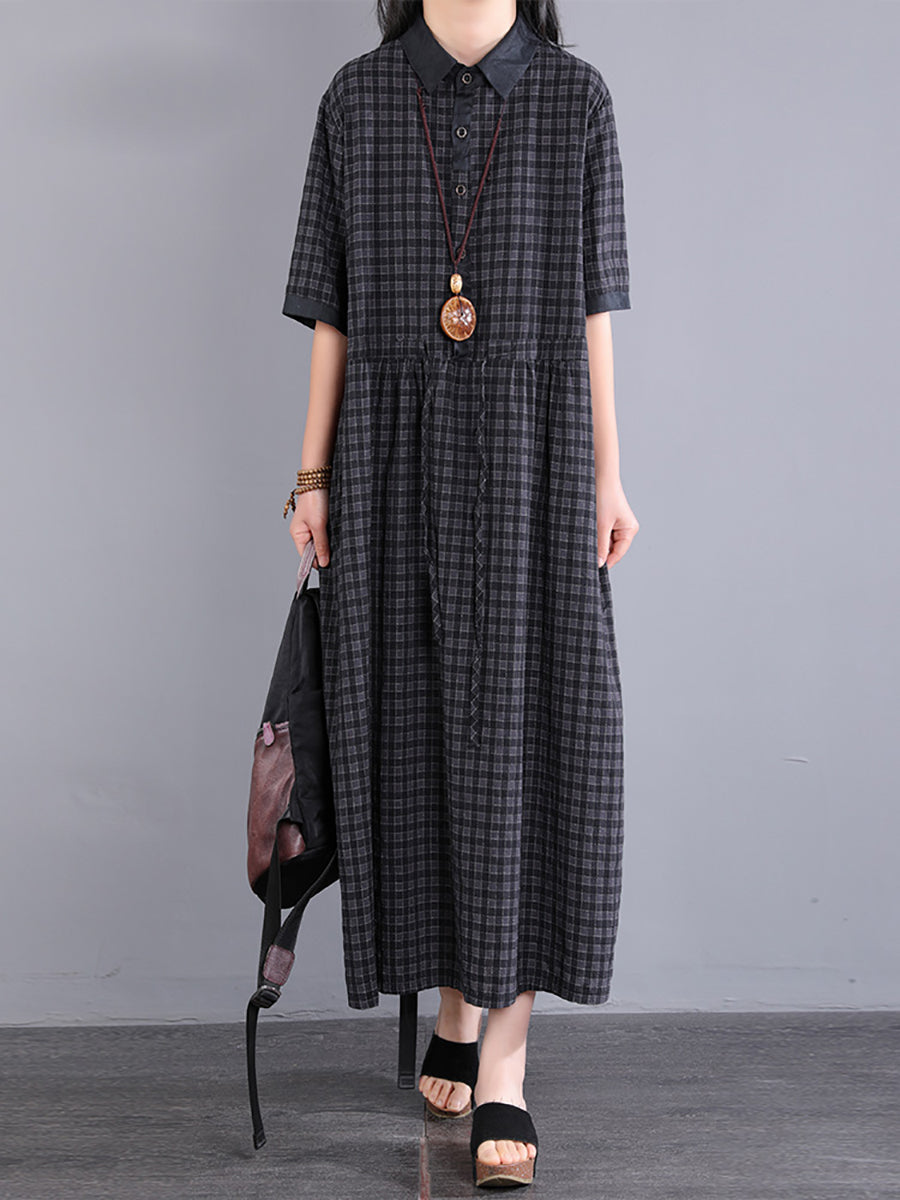Women Artsy Plaid Cotton Dress