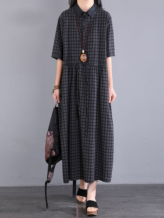 Women Artsy Plaid Cotton Dress