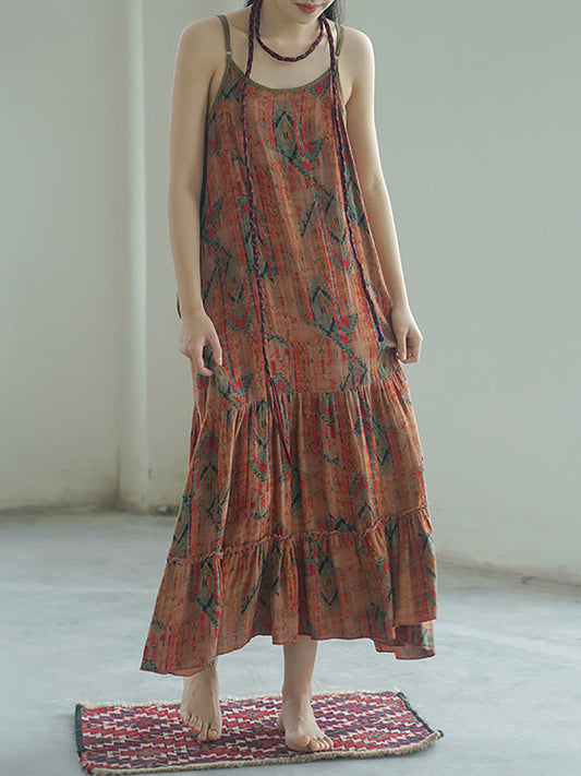 Women Exotic Print Cotton Loose Long Fishtail Vest Dress
