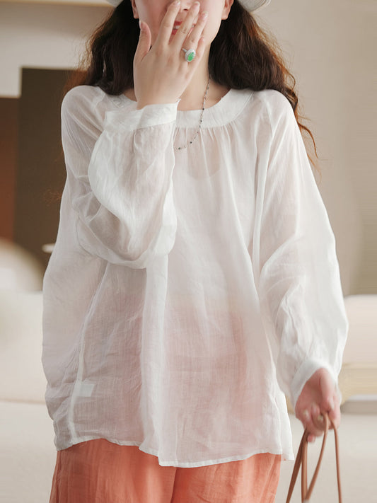 Camicia vintage estiva a maniche lunghe in ramiè da donna