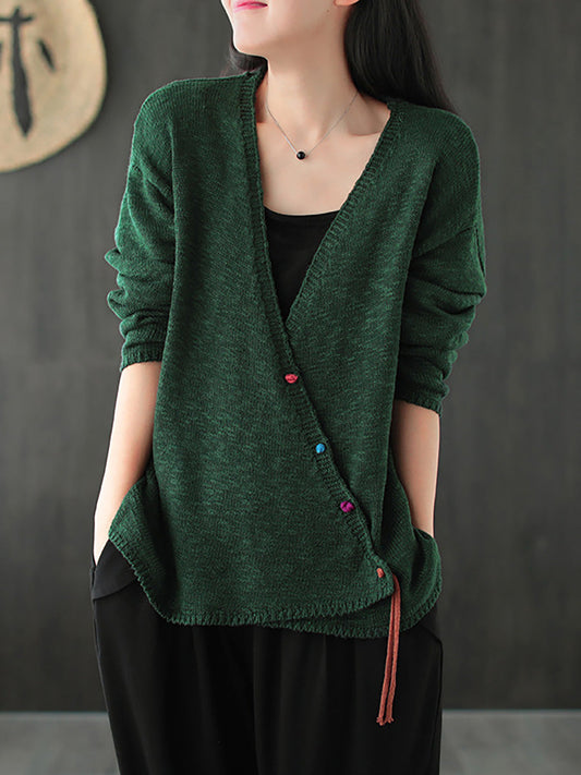 Women Knitted Retro Pure Color Vneck Sweater Coat