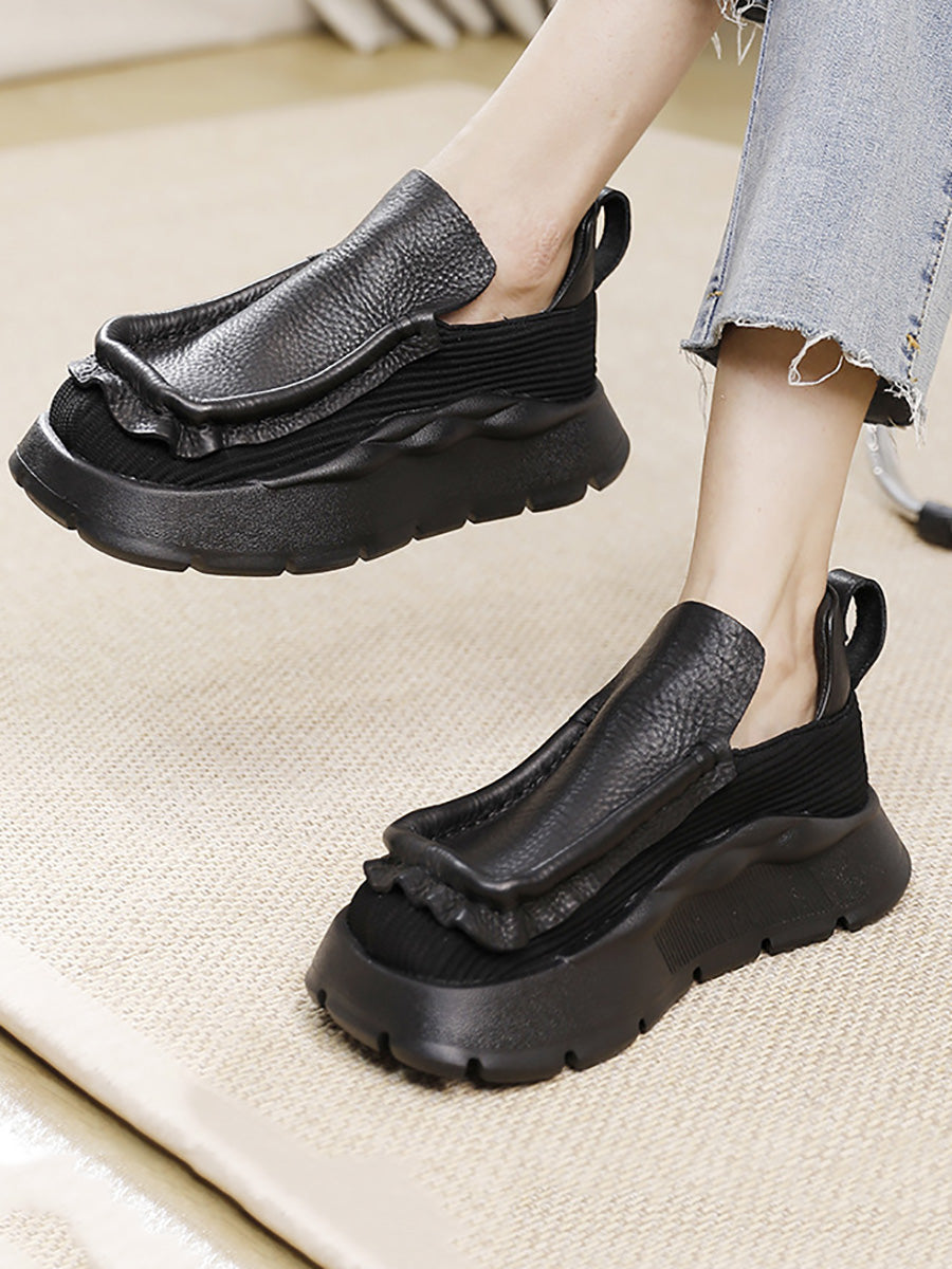 Women Retro Genuine Leather Spliced Platform Shoes