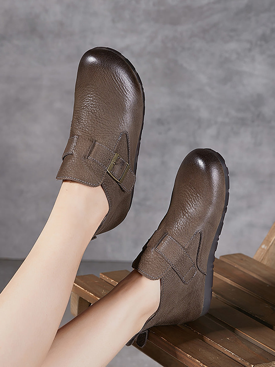 Women Vintage Soft Genuine Leather Buckle Flat Shoes