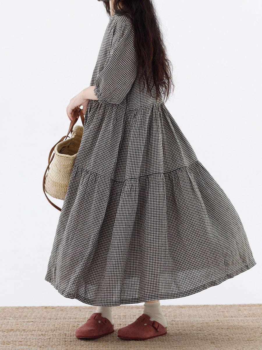 Women Artsy Plaid Spliced 100%Cotton Tiered Dress
