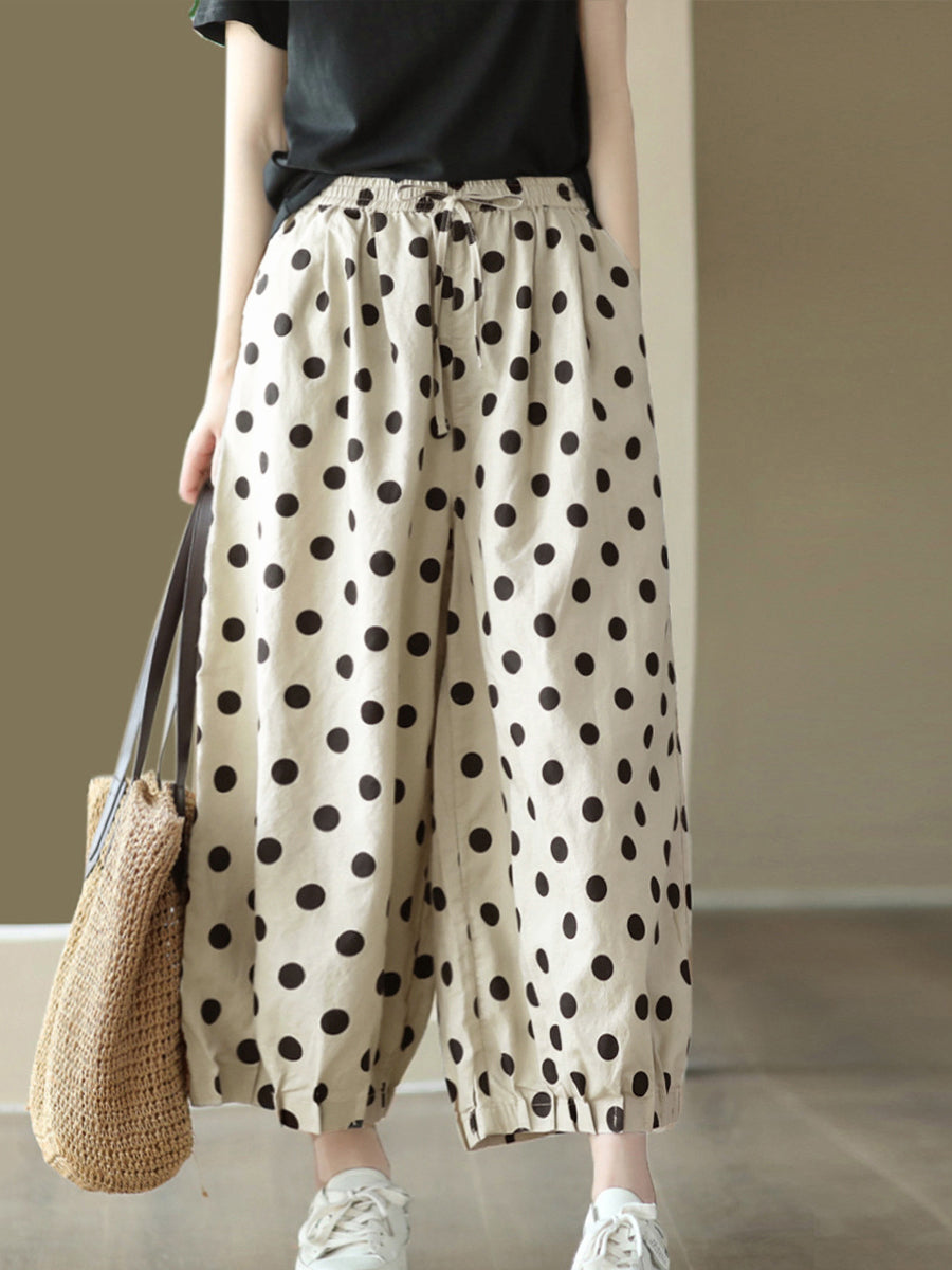 Pantaloni da donna vintage in lino con coulisse e pois a gamba larga