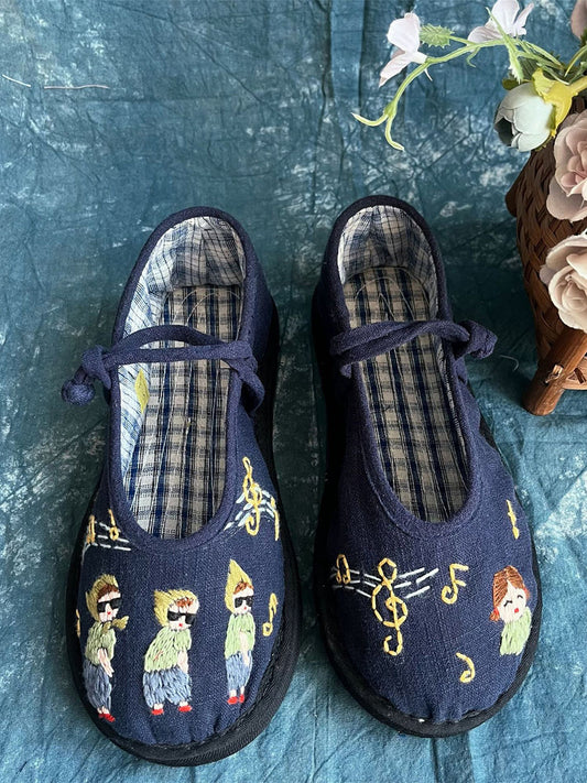 Scarpe da donna in stoffa con ricamo a cartoni animati vintage