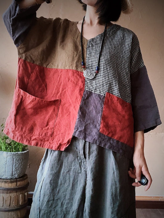 Camicia da donna in lino con toppa retrò, tasca con giunture irregolari e ampia