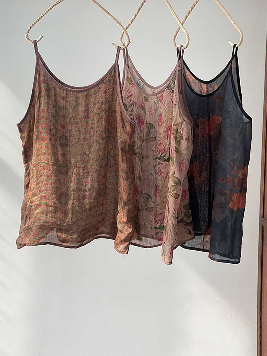 Gilet sottile estivo vintage da donna con fiori di ramiè