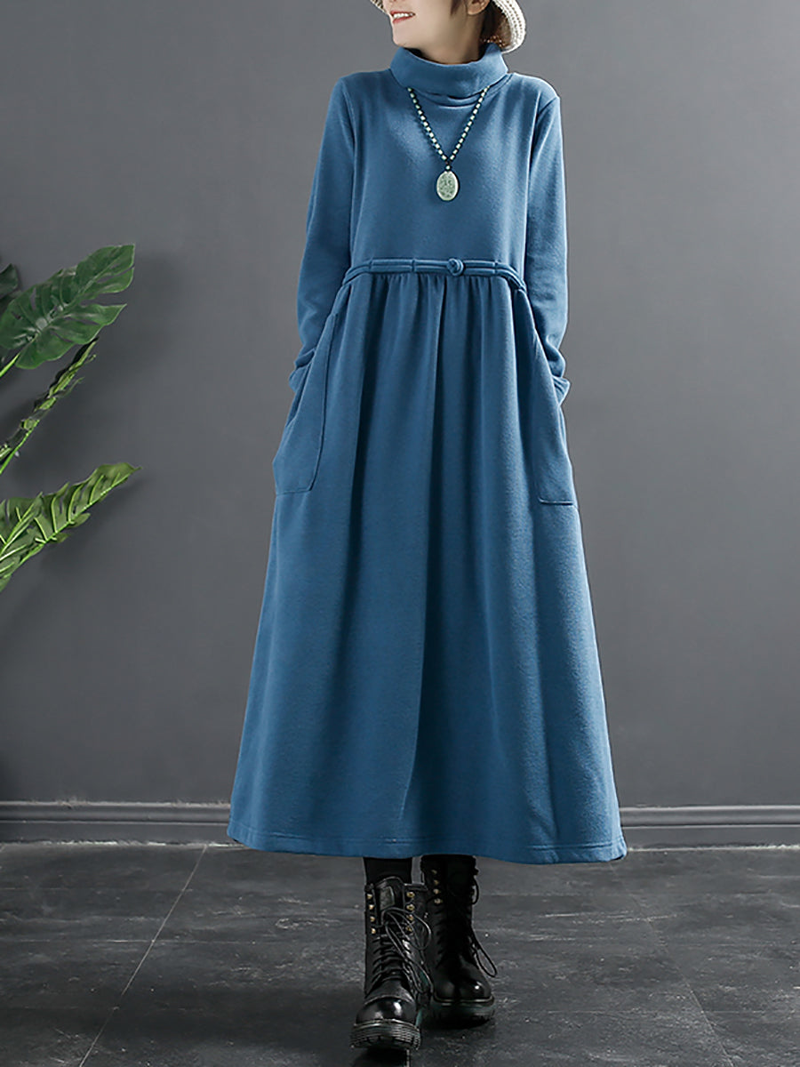Abito lungo drappeggiato con collo alto in colore puro da donna