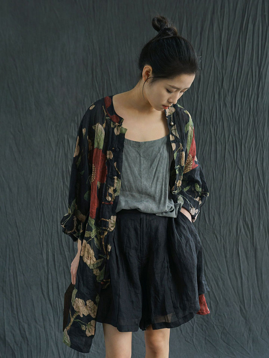 Camicia lunga primaverile con stampa floreale vintage da donna in ramiè